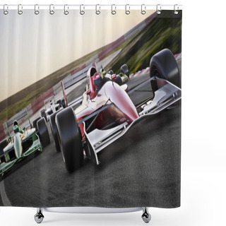 Personality  Red Race Car Close Up Front View On A Track Leading The Pack With Motion Blur. Shower Curtains