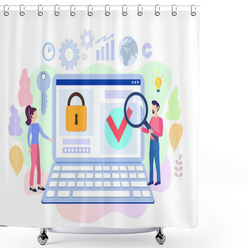 Personality  Infographic, Banner With  Protect Data And Confidentiality. Safety And Confidential Data Protection, Concept With Character Saving Code And Check Access. Flat Vector Illustration Shower Curtains