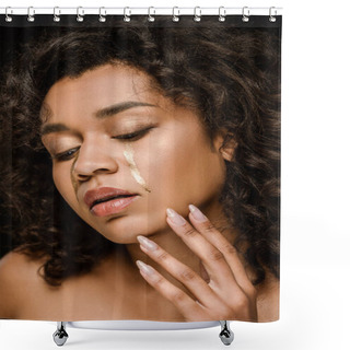 Personality  African American Woman With Golden Tears On Cheeks Touching Face Isolated On Black  Shower Curtains
