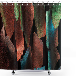 Personality  Panoramic Shot Of Abstract Background Of Torn Foil With Colorful Illumination Isolated On Black Shower Curtains