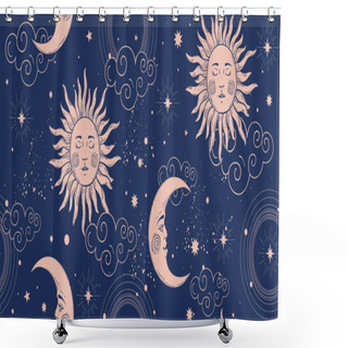 Personality  Seamless Cosmic Pattern With Sun And Crescent Moon, Vintage Background For Astrology And Tarot. Sun With Face And Stars On A Blue Background. Vector Illustration Shower Curtains
