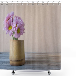 Personality  Pink Flower In Vase Made From Bamboo On Wooden Table, Shower Curtains