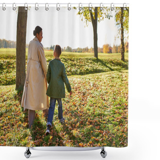 Personality  Golden Hour, Mother And Son Walking In Park, Autumn Leaves, Fall Season, African American Family Shower Curtains