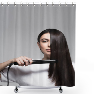 Personality  Young Brunette Woman Using Hair Straightener Isolated On Grey Shower Curtains