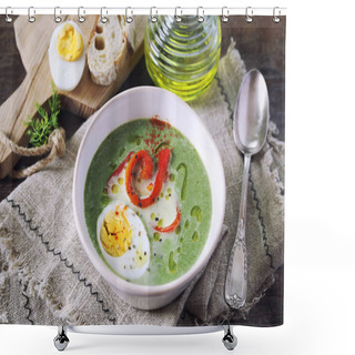 Personality  Green Pea Soup With Spinach. Olive Oil, Red Grilled Bell Pepper And Half Boiled Egg Dressing. Rustic Style Shower Curtains