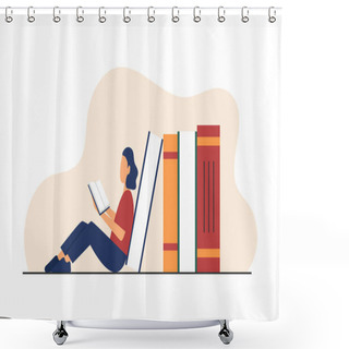 Personality  Woman Sitting On A Pile Of Books While Reading A Book. The Concept Of Reading Books In The Library On Campus. Shower Curtains