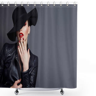 Personality  Beautiful Young Mysterious Girl In A Black Hat And Black Leather Jacket On A Gray Background. Eyes Are Covered With A Hat. Makeup - Red Lips. Manicure - Long Red Nails, Nail Polish. Fashion, Beauty. Shower Curtains
