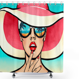 Personality  Amazed Young Woman In Glasses .  Vintage Advertising Poster Of Vacations Or Tourism With Lady With  Open Mouth In Comic Style. Expressive Facial Expressions Shower Curtains