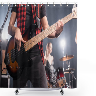 Personality  KYIV, UKRAINE - AUGUST 25, 2020: Rock Band Musician Playing Electric Guitar With Blurred Drummer On Background Shower Curtains