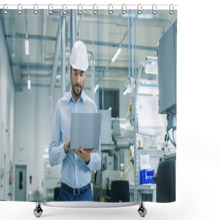 Personality  Chief Engineer In The Hard Hat Walks Through Light Modern Factory While Holding Laptop. Successful, Handsome Man In Modern Industrial Environment. Shower Curtains