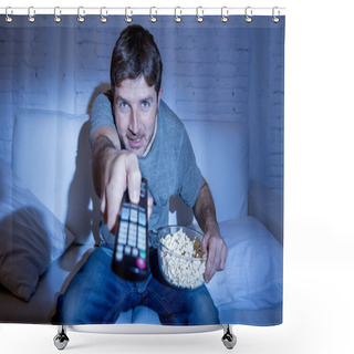 Personality  Man At Home Lying On Couch At Living Room Watching Tv Eating Popcorn Bowl Using Remote Control Shower Curtains