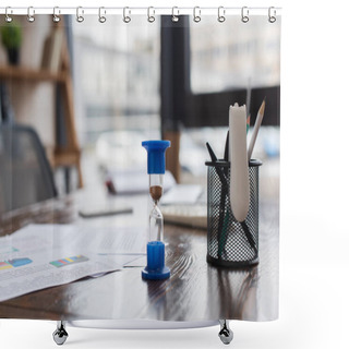 Personality  Hourglass Near Pen Holder On Table In Office Shower Curtains