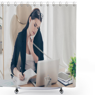 Personality  Portrait Of Successful Expert Attractive Leader Stylish Agent Speaking By Phone With Partners Writing Down A Date Of Conference In Notepad Sitting In Modern White Work Place Shower Curtains
