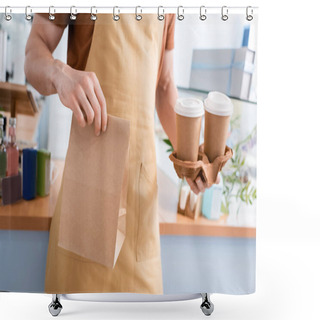 Personality  Cropped View Of Seller Holding Coffee To Go And Paper Bag In Confectionery  Shower Curtains