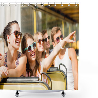 Personality  Group Of Smiling Friends Traveling By Tour Bus Shower Curtains