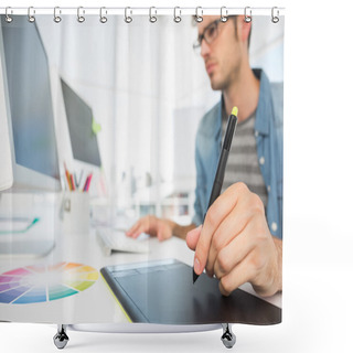 Personality  Casual Male Photo Editor Using Graphics Tablet Shower Curtains