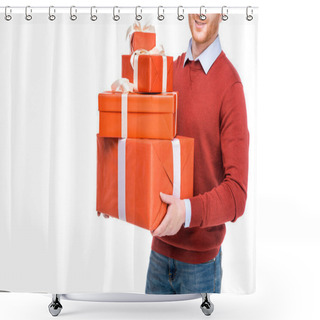Personality  Cropped Shot Of Man Holding Gift Boxes Isolated On White Shower Curtains