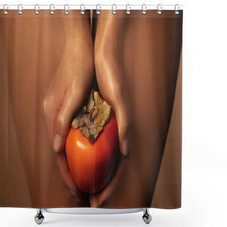 Personality  Cropped View Of Woman In Nylon Tights Holding Ripe Persimmon Isolated On Brown Shower Curtains