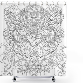 Personality  Close Up Owl Head With Crown Surrounding Rose Flowers Vines Colorless Line Drawing. Nightowl With Tiara Surrounded With Flower Facing Forward Coloring Book Page. Shower Curtains