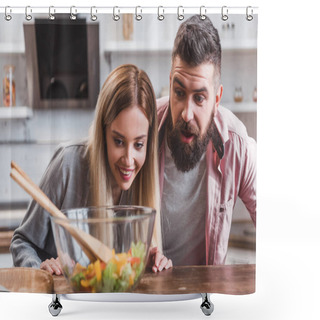 Personality  Surprised Cheerful Couple Looking At Salad In Glass Bowl At Kitchen Table Shower Curtains