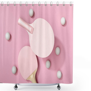 Personality  Top View Of White Table Tennis Balls And Rackets On Pink Background Shower Curtains