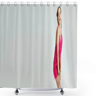Personality  Joyful Woman In 20s, Posing In Trendy Pink Dress, Touching Legs Against Grey Background, Banner Shower Curtains