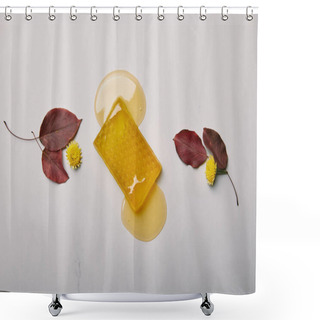 Personality  Top View Of Honey Soap With Dandelions And Leaves On White Marble Surface Shower Curtains