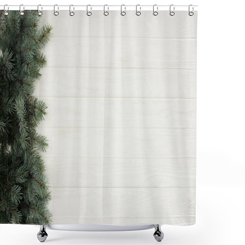 Personality  top view of beautiful evergreen coniferous branches on white wooden background    shower curtains
