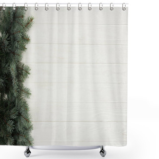 Personality  Top View Of Beautiful Evergreen Coniferous Branches On White Wooden Background    Shower Curtains