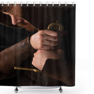 Personality  Close Up View Of Medieval Scottish Warrior With Sword Isolated On Black Shower Curtains