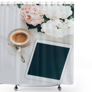 Personality  Top View Of Cup With Espresso Coffee, Hortensia Flowers And Digital Tablet With Blank Screen On Marble Surface Shower Curtains