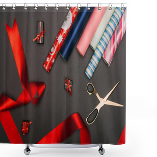 Personality  Top View Of Wrapping Paper Rolls, Scissors And Little Gift Boxes On Black Shower Curtains