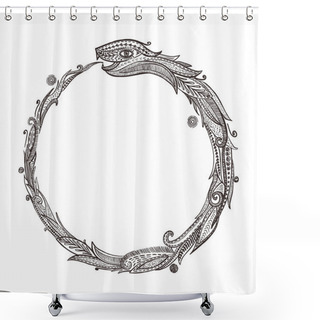 Personality  Ouroboros Graphic Vector Symbol Or Logotype, Snake Eating Its Own Tail, Eternity Esoteric Symbol Balack And White Template Shower Curtains