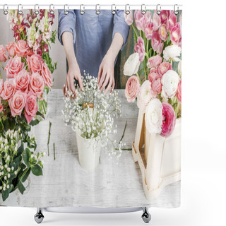 Personality  Florist Workplace: Woman Arranging A Bouquet With Roses, Matthiolas, Ranunculus Flowers And Gypsophila Paniculata Twigs. Shower Curtains