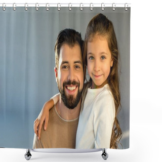 Personality  Portrait Of Happy Father And Daughter Looking At Camera Shower Curtains