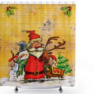 Personality  Cartoon Santa Claus Big Christmas Hug With Snowman And Reindeer  Shower Curtains