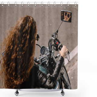 Personality  Beautiful Curly Girl Sitting On Motorbike On Parking Shower Curtains
