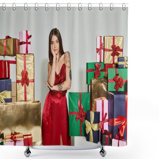 Personality  Dreamy Woman In Festive Red Dress Posing Next To Presents With Hand On Cheek, Holiday Gifts Concept Shower Curtains
