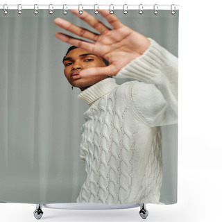 Personality  Handsome African American Man In White Sweater With Palm In Front Of His Face, Fashion Concept Shower Curtains