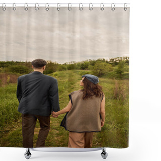 Personality  Brunette And Fashionable Woman In Vest And Newsboy Cap Holding Hand Of Boyfriend In Jacket While Walking Together On Meadow With Nature And Sky At Background, Fashion-forwards In Countryside Shower Curtains