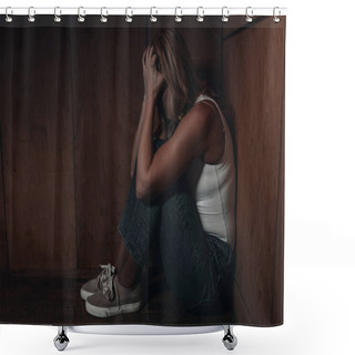 Personality  Side View Of Victim Putting Head On Hands, Sitting In Corner  Shower Curtains