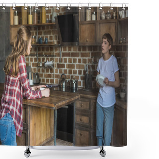 Personality  Young Women Talking On Kitchen In Morning Shower Curtains