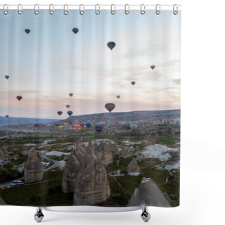 Personality  Front View Of Hot Air Balloons Flying Over Stone Formations, Cappadocia, Turkey Shower Curtains
