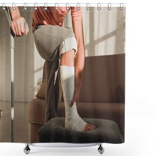 Personality  Cropped View Of Man Touching Leg In Plaster Bandage On Ottoman And Holding Crutch In Living Room Shower Curtains
