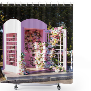 Personality  Pink Phone Booth Decorated Colourful Flowers. Elegant Wedding Photo Zone Outdoor. Beautiful Romantic Festive Place Made With Wooden And Floral Roses Decorations For Outside Wedding Ceremony In Garden. Shower Curtains