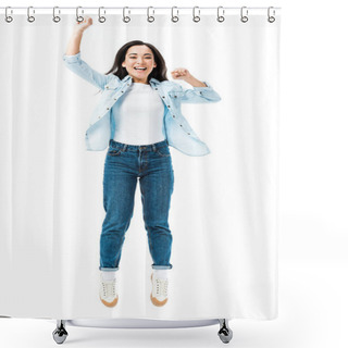 Personality  Attractive And Smiling Asian Woman In Denim Shirt Jumping And Showing Yes Gesture Isolated On White  Shower Curtains