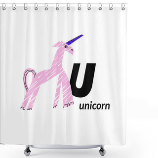 Personality  Vector Illustration With Unicorn Horse And English Capital Letter U. Childish Alphabet For Language Learning Shower Curtains