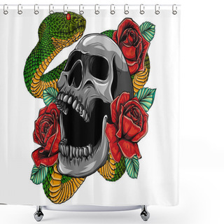 Personality  Colorful Tattoo Design With Skull, Roses And Snake. Illustration. Shower Curtains