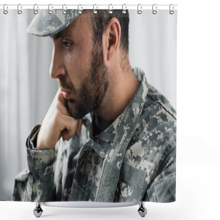 Personality  Pensive Bearded Military Man In Uniform Holding Hand Near Face Shower Curtains
