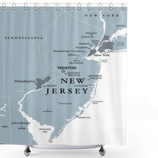 Personality  New Jersey, NJ, Gray Political Map With Capital Trenton. State In The Mid-Atlantic Region Of The Northeastern United States Of America. The Garden State. Illustration On White Background. Vector. Shower Curtains